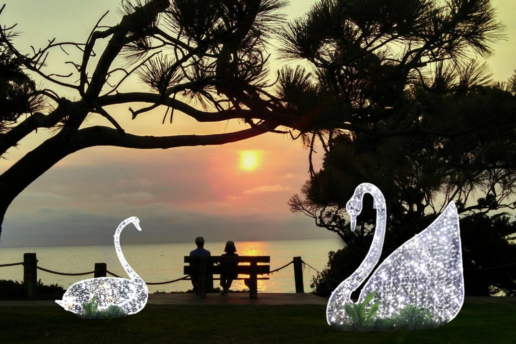 Cigni luminosi 2D bianco freddo di fronte al mare