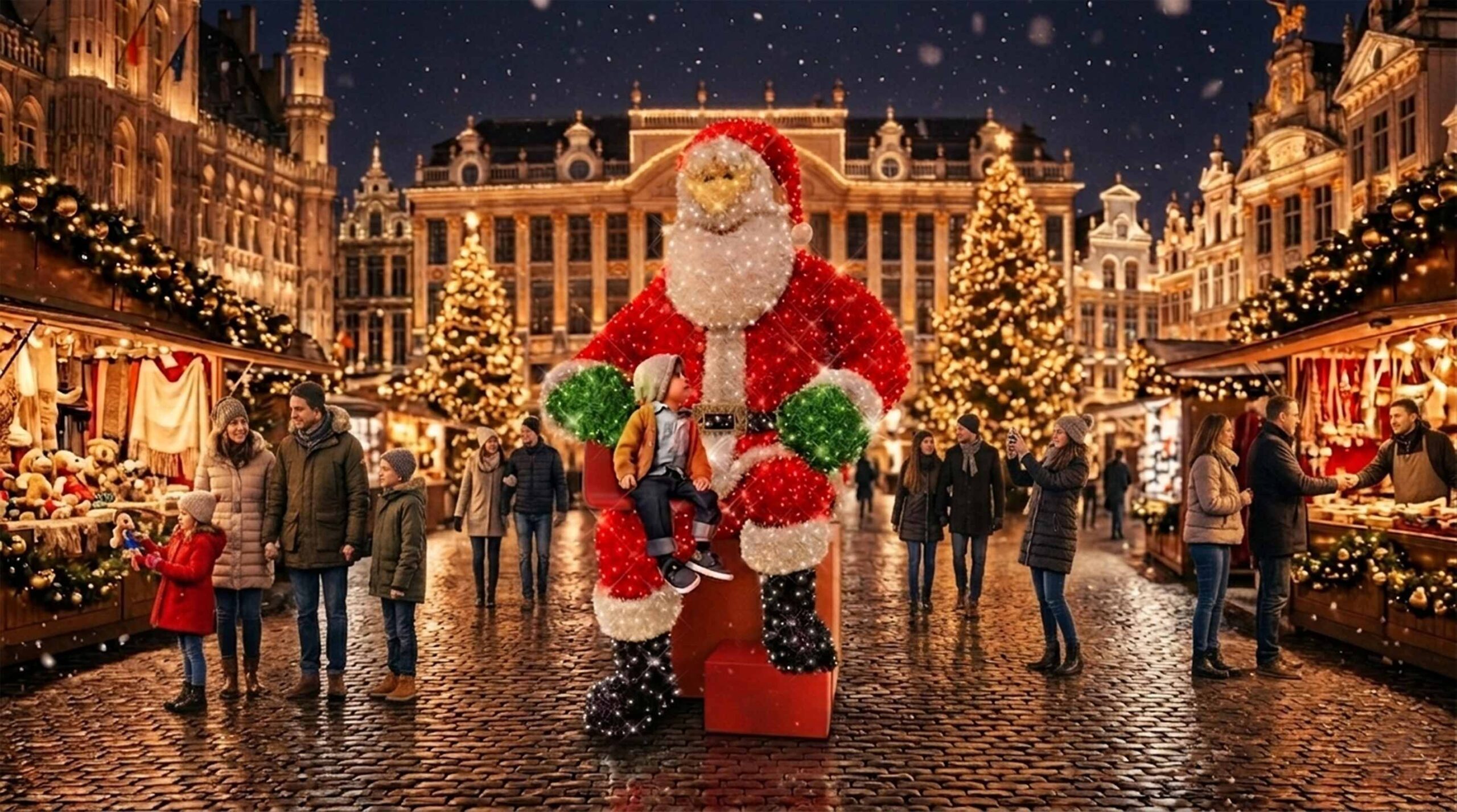 Allestimento di una piazza con Babbo Natale con seduta