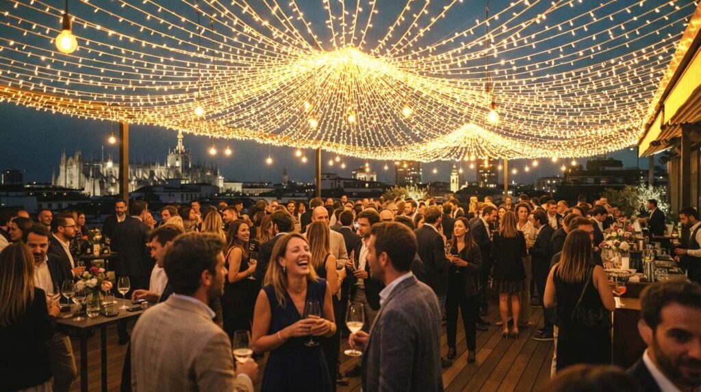 Immagine di una cena aziendale all'aperto illuminata da un tetto di Luci LED