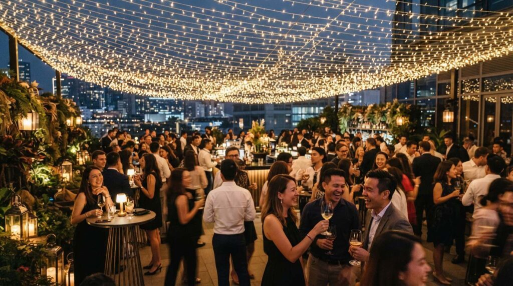 Immagine di una cena aziendale all'aperto illuminata da un tetto di Luci LED