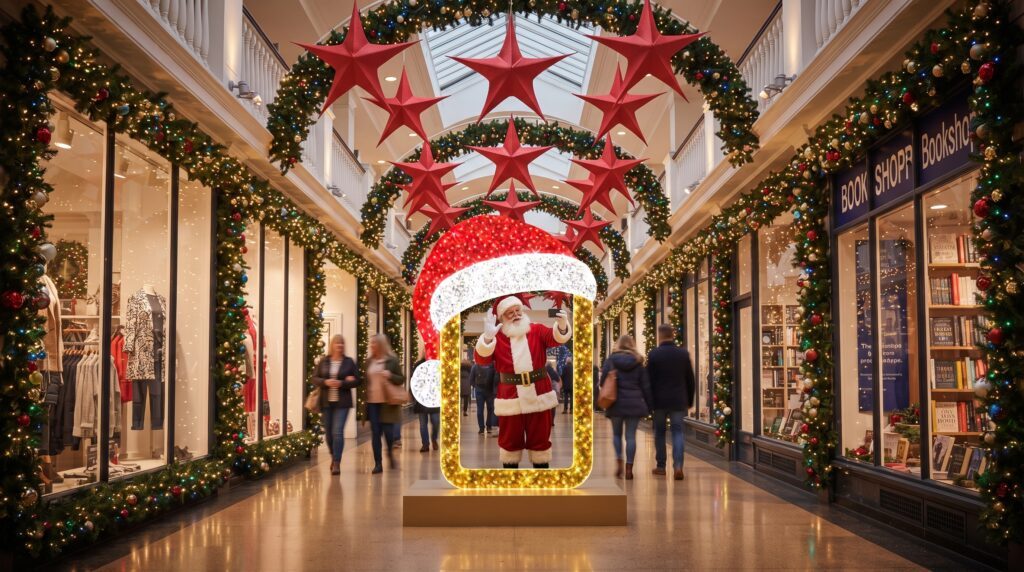 Galleria commerciale decorata a festa con festoni luminosi, stelle rosse sospese e una grande installazione a forma di Babbo Natale che scatta un selfie